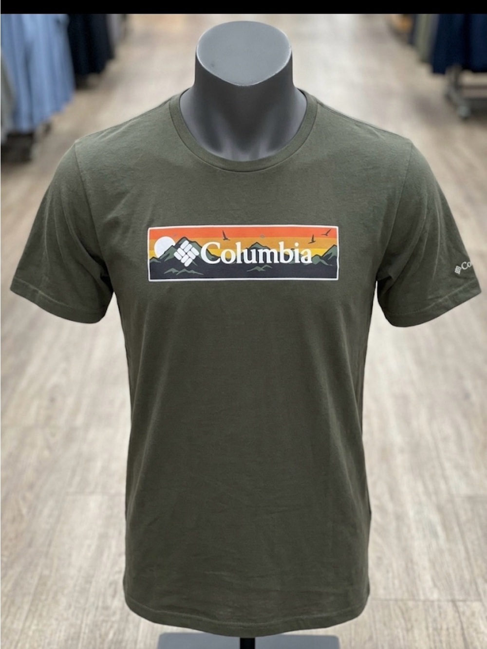 Columbia Olive Green Short-Sleeve Logo Tee with Sunset Graphic